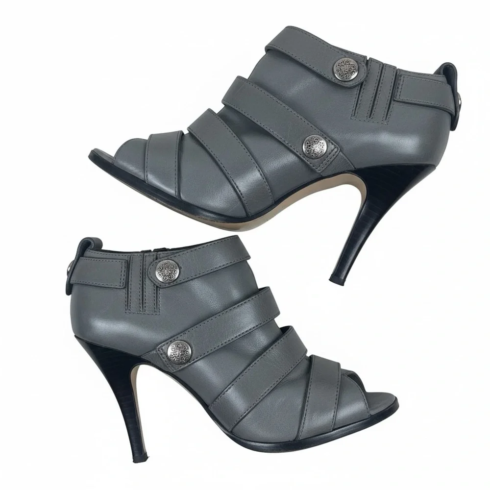 Coach Brandi Gray Leather Peep-Toe Booties 8.5B Silver Logo Buttons